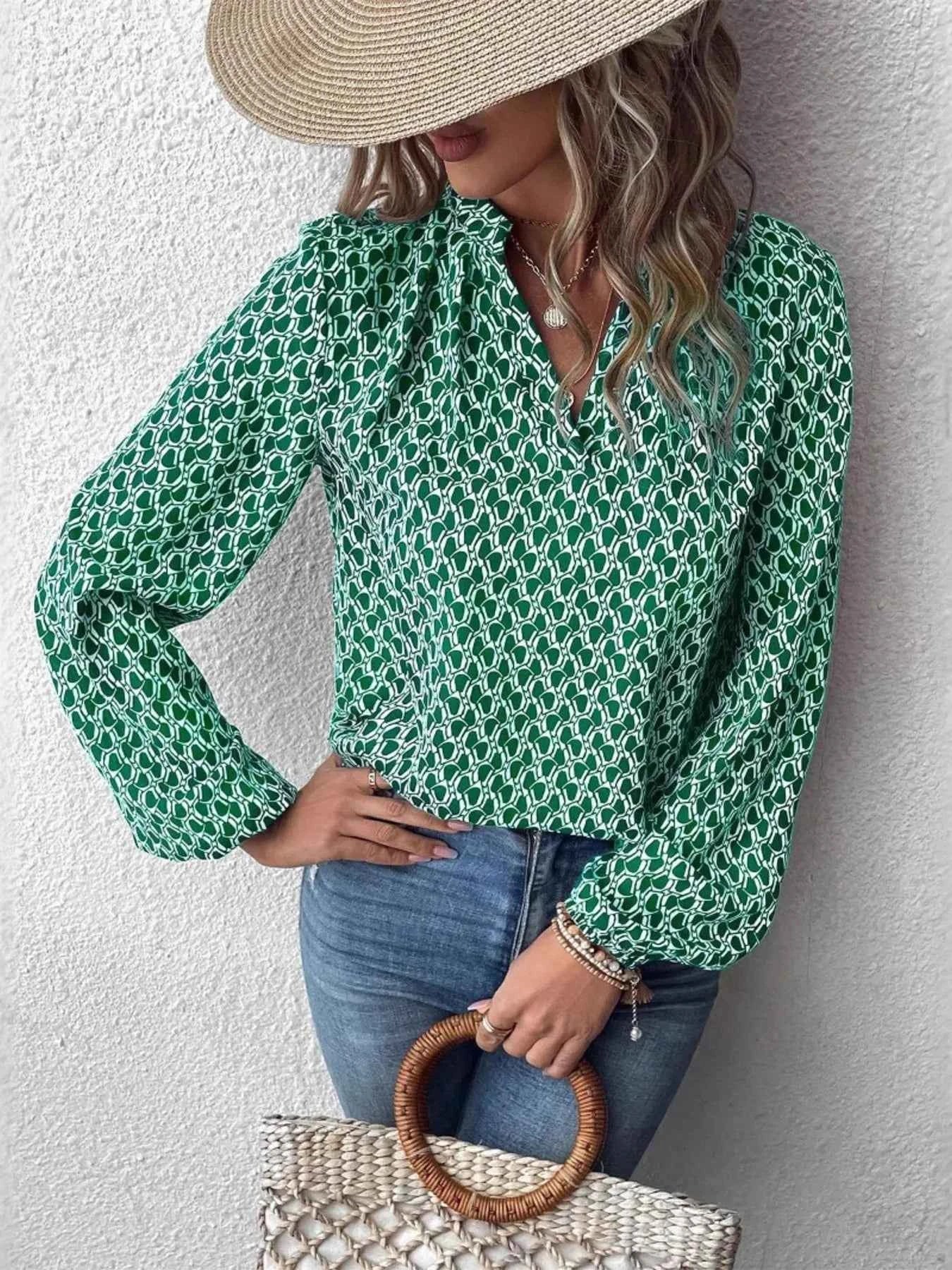 Printed Notched Long Sleeve Blouse d8a7c7fd360b4a019eef1ebfd360c698-Max-Origin