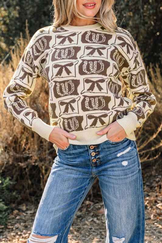 Western Bows & Horseshoes Long Sleeve Sweater d8c62746-a0df-4d6e-a79b-f03431a977d3