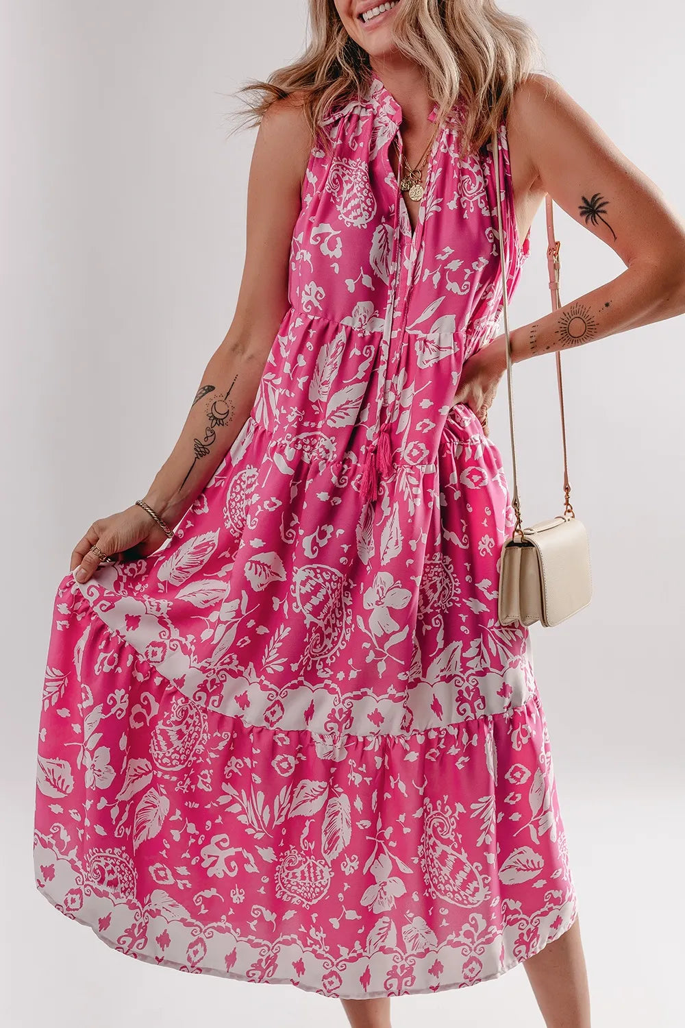 Floral Sleeveless Tasseled Tie Neck Tiered Midi Dress Hot Pink d8ff0329-0877-4135-81ed-4141917b309d-Max