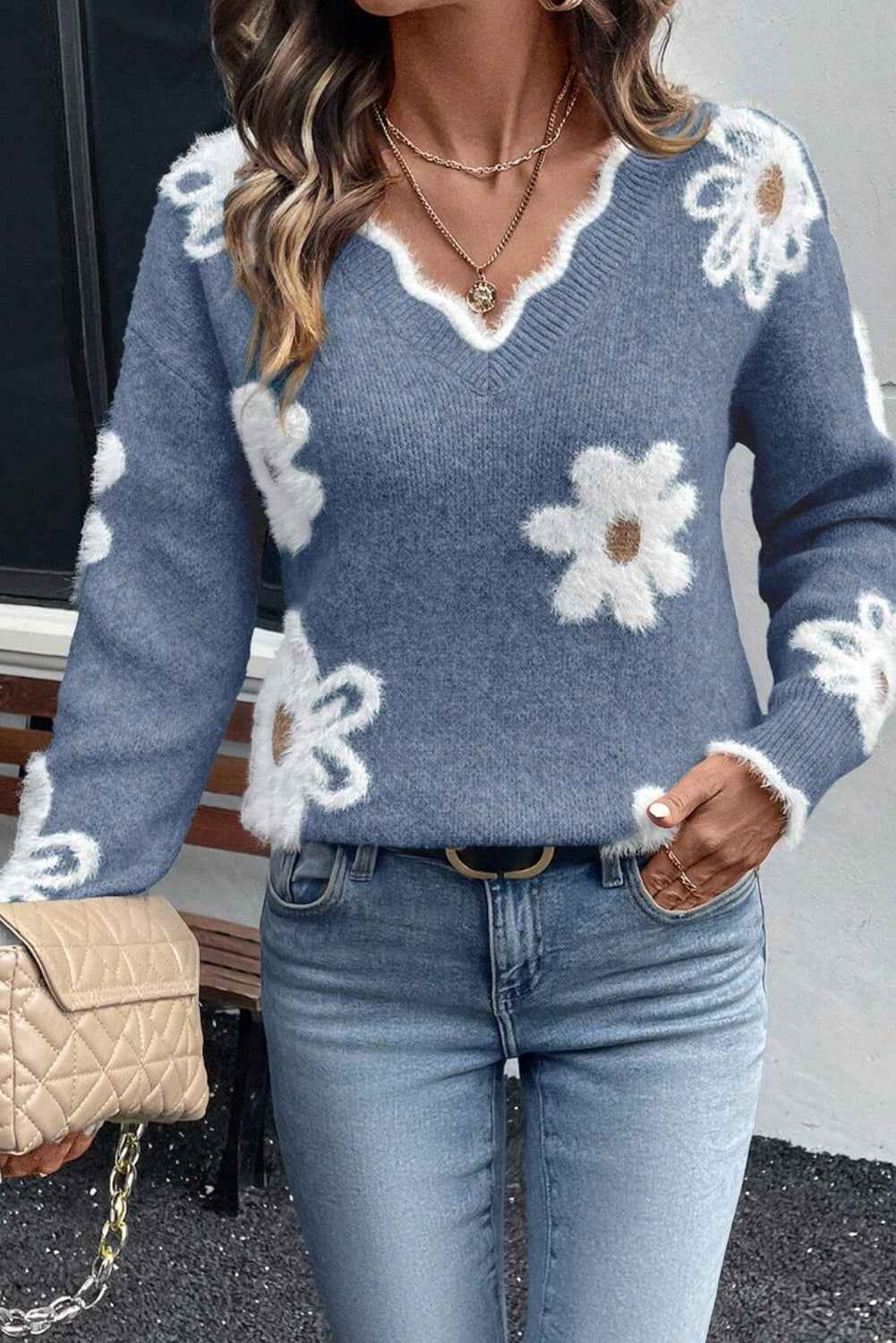 Seagrass Jacquard Floral Scallop V-neck Sweater Dusk Blue 100%Polyester d907fb272523939c
