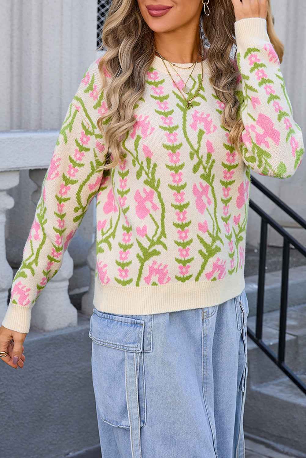 Beige Boho Floral Print Round Neck Sweater Beige d942f9ea8dde12c5