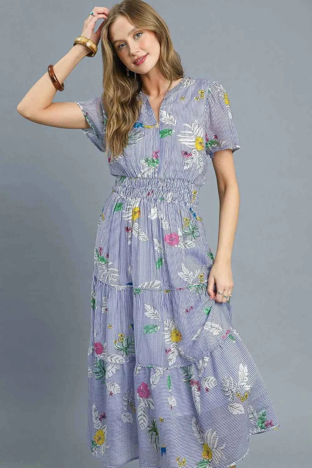 Umgee Smocked Waist Floral Short Sleeve Midi Dress d97519aa-7e34-4f6c-8dc7-d75f724f7424-Max-Origin