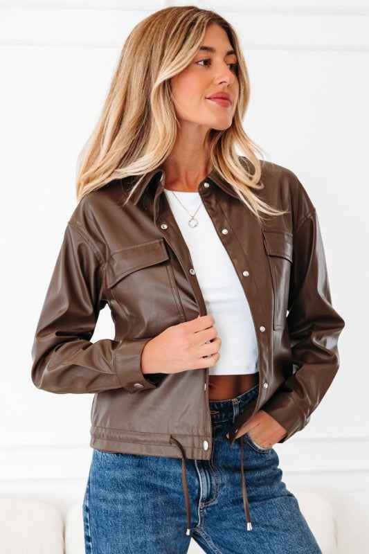 Leather Drawstring Hem Pocketed Jacket da1d6a08-3976-4af7-84cf-580362a78d32