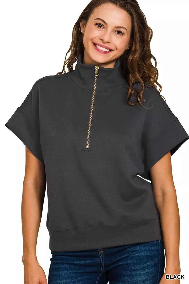 Zenana Full Size Scuba High Neck Half Zip Short Sleeve Top Plus Size BLACK da2a1c67d2aa420caa00c601bb6a21aa-Max-Origin