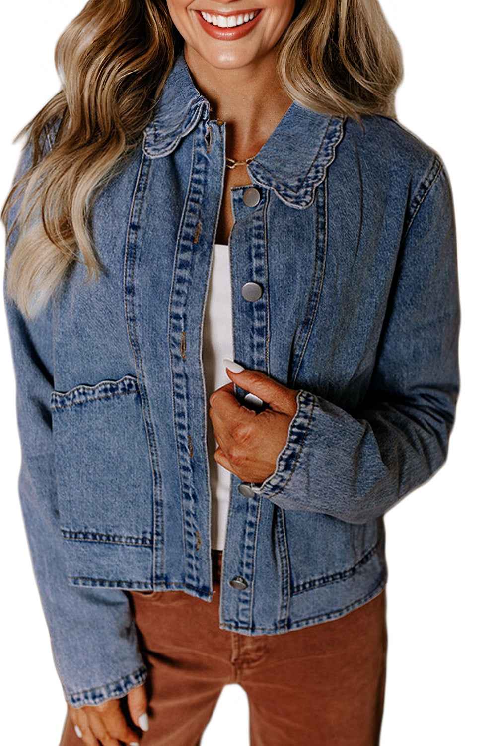 Myosotis Scallop Trim Collar Pocket Button Up Denim Jacket da3c0e5e38233d10