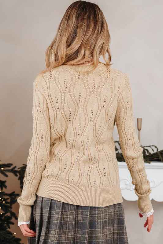 Pearl Beaded Pointelle Knit V-Neck Lace Trim Sweat daa93ea7-24ca-40f8-9c36-55b2b245844b