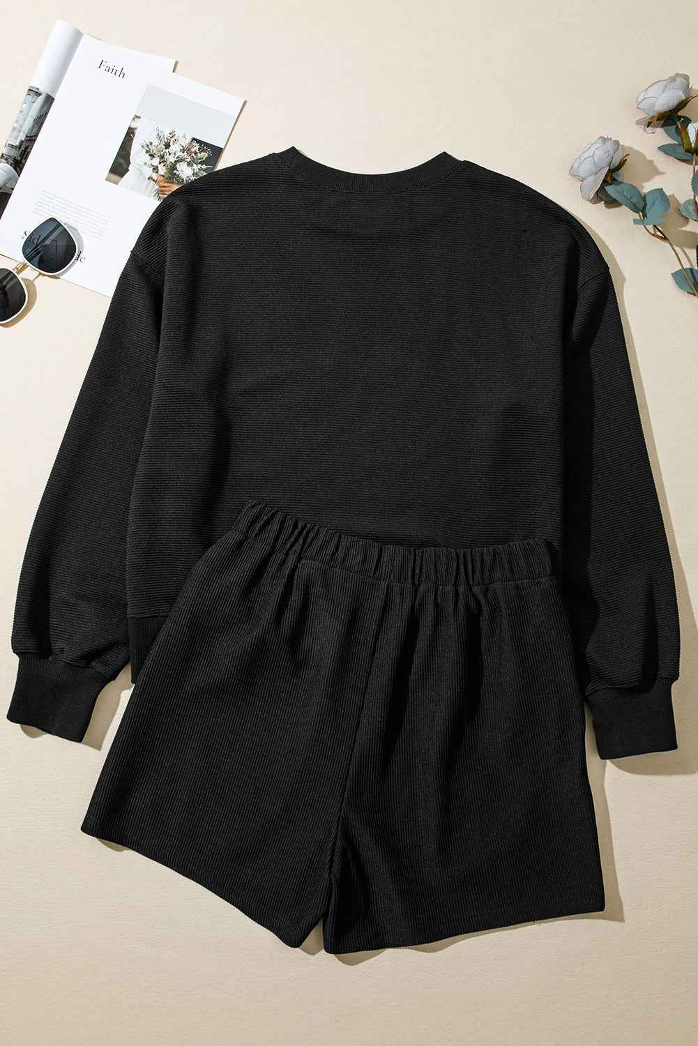 Black Ribbed Texture Baggy Drop Shoulder Pullover and Shorts Set dab0b8ec299f1a1a