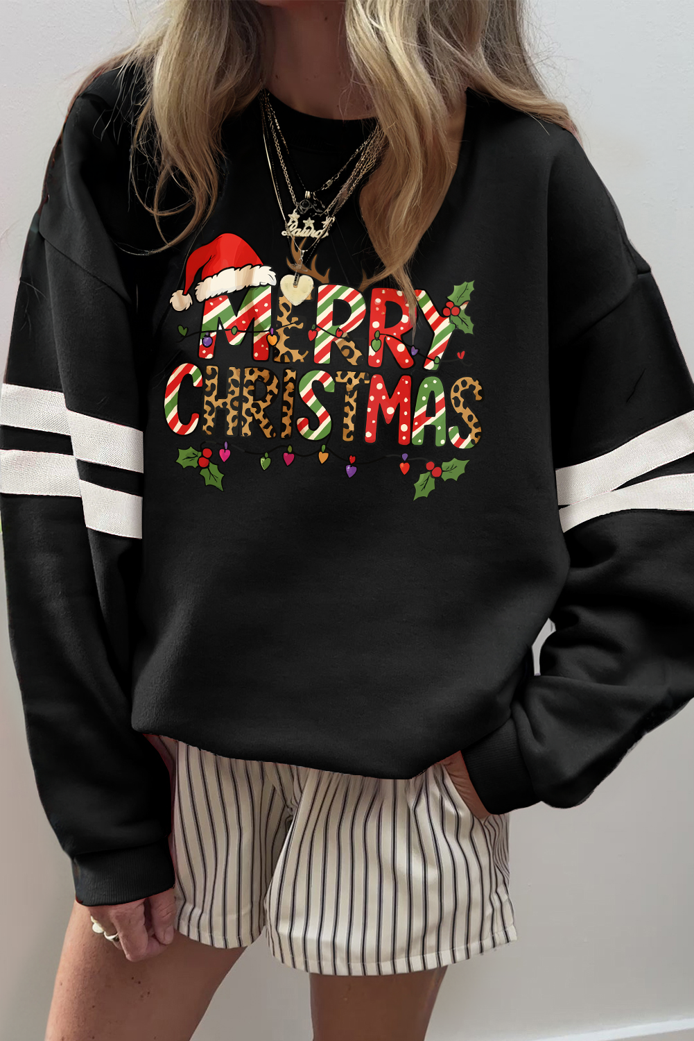 Black MERRY CHRISTMAS Trendy Print Varsity Sweatshirt