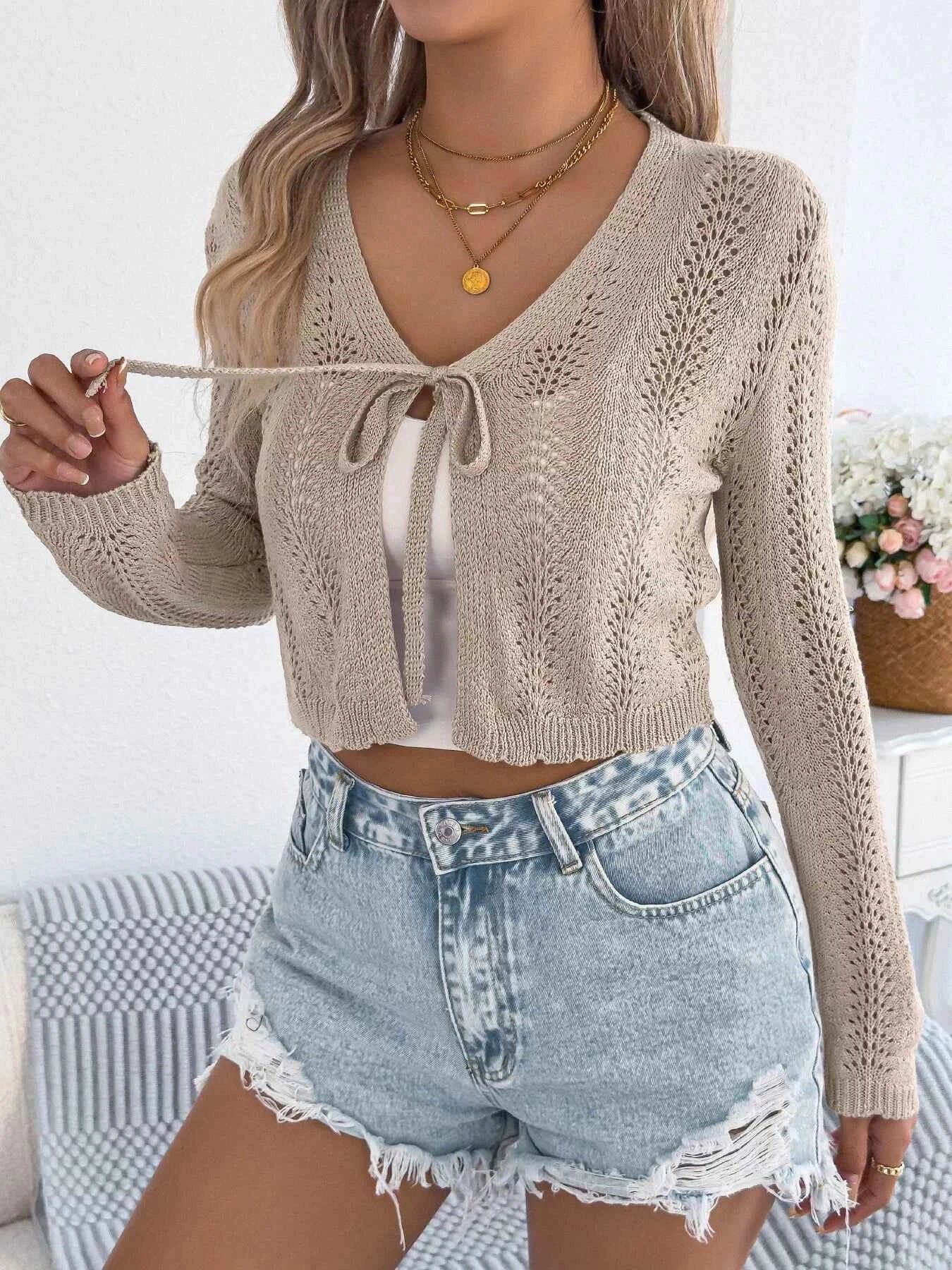 Openwork Tie Front Long Sleeve Cardigan dae187cc35c049b2a76fca990cdd168e-Max-Origin
