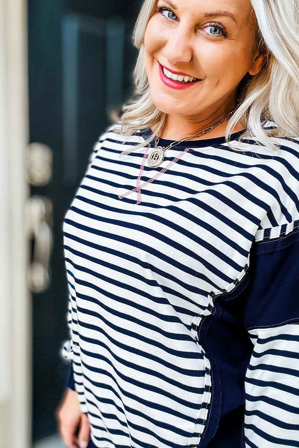 Blue Stripe Contrast Stitched Detail Color Block Patchwork Plus Size Sweatshirt daebff4ae1ee01e0