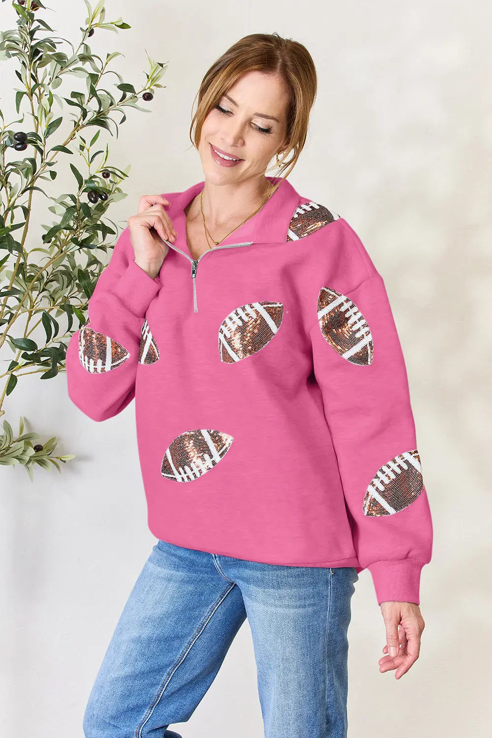 Full Size Sequin Football Half Zip Long Sleeve Sweatshirt Hot Pink db57b85159c64ec4abbf6af6c905847e-Max