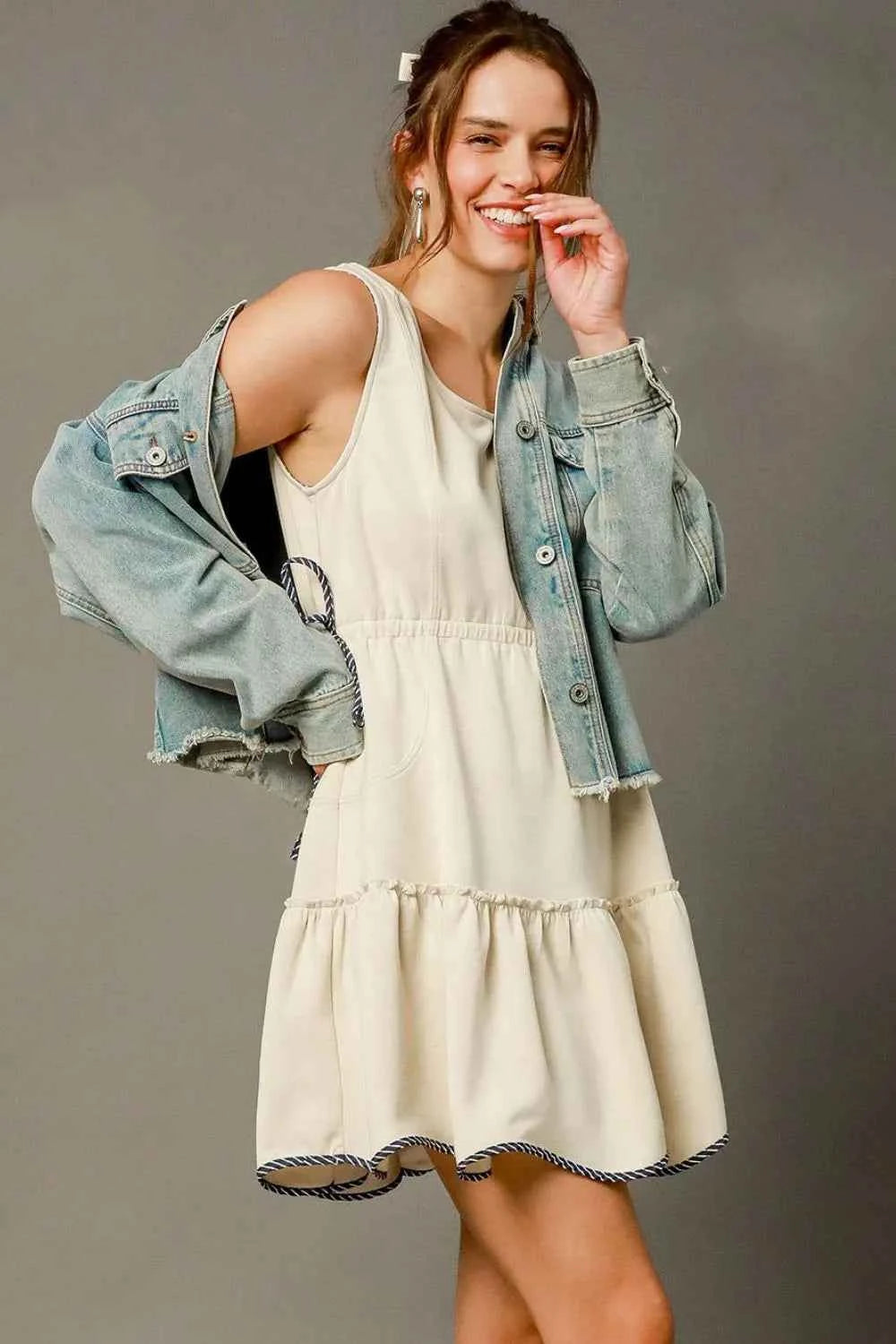 Umgee Frill Drawstring Waist Round Neck Mini Tank Dress Cream db6da2df-4bb6-468f-8492-9aa8089a1d53-Max-Origin