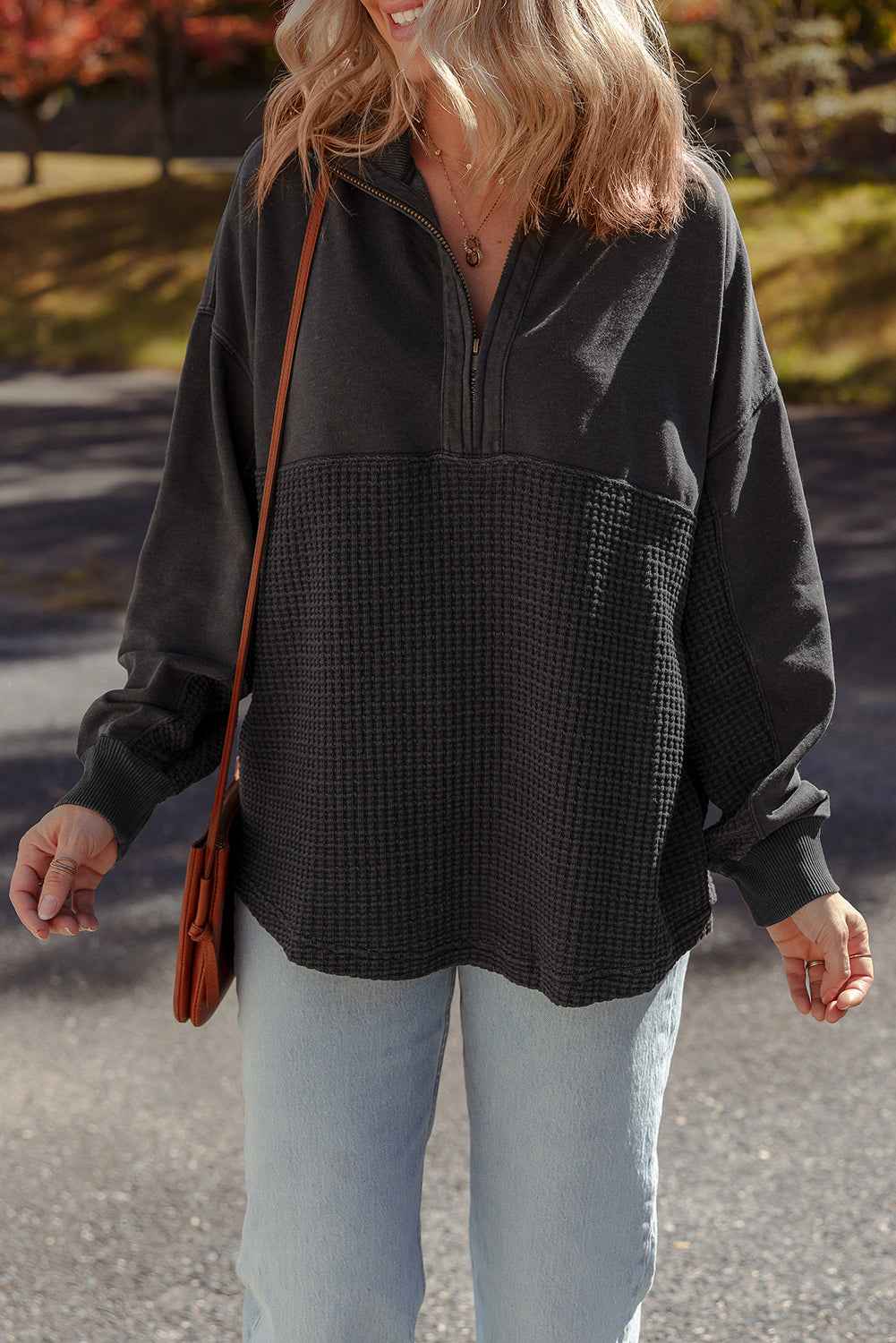 Carbon Grey Waffle Knit Patchwork Half Zipped Casual Sweatshirt dbb60c0eaf6d22ea
