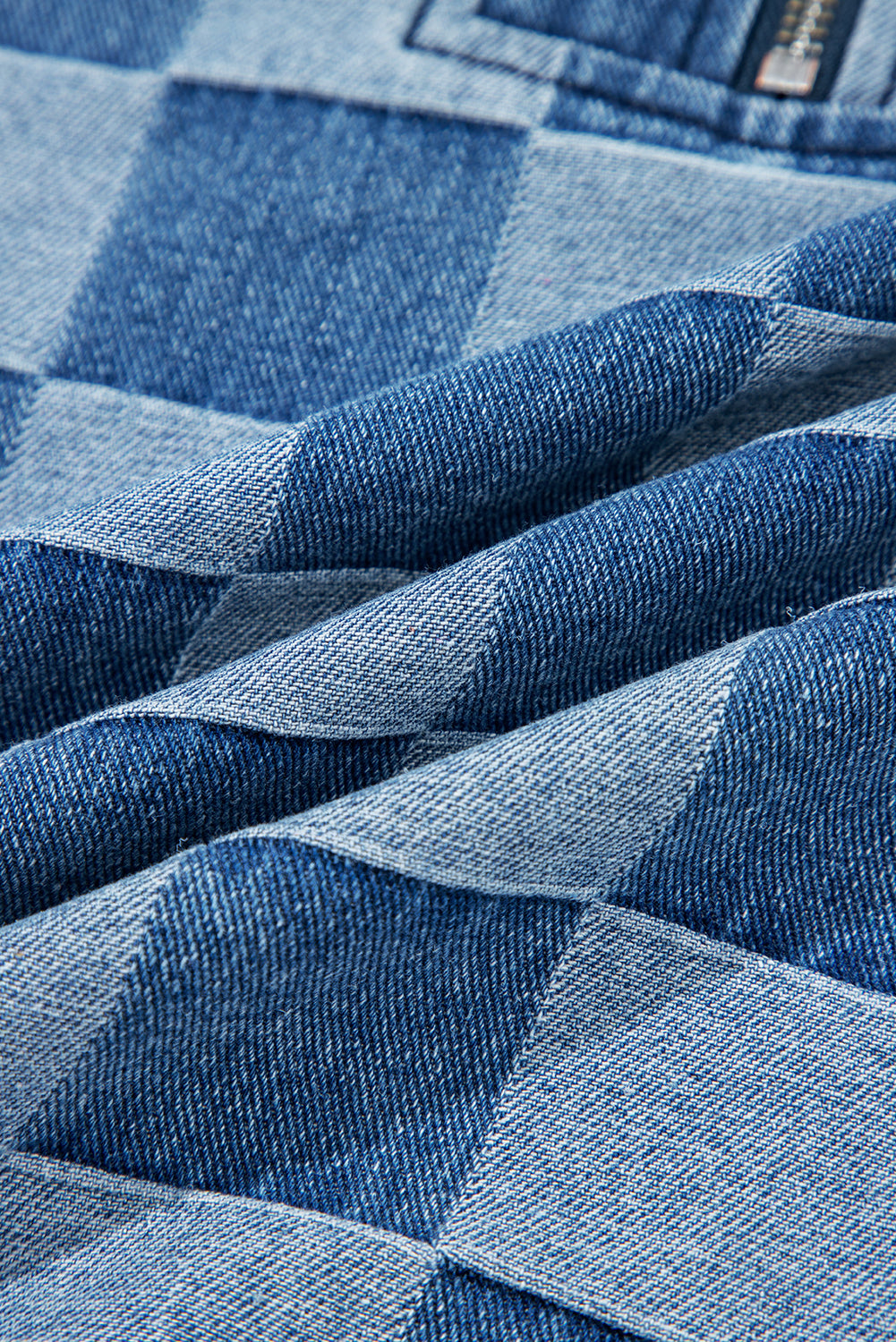 Sky Blue Checkerboard Zipped Collar Kangaroo Pocket Denim Hoodie dbecec11f4f09e47