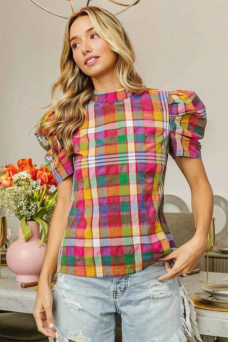 BiBi Short Puff Sleeve Washed Vintage Plaid Top dbf1fd6d417e4288a1188abee206425e-Max-Origin