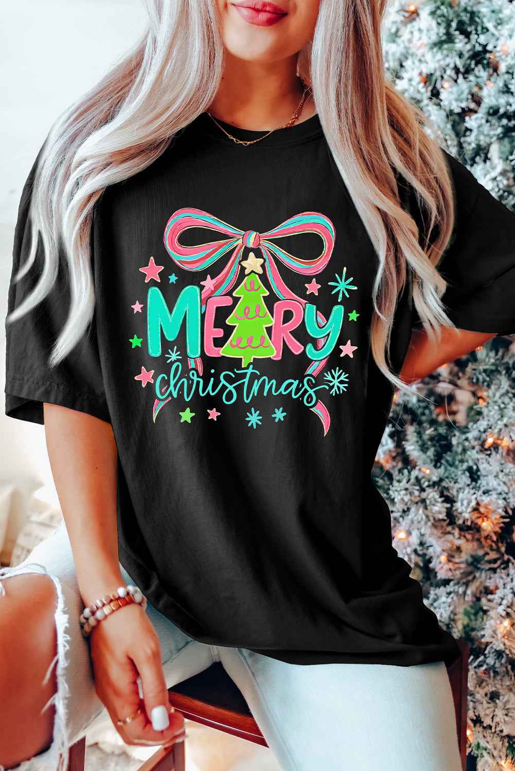 Black MERRY Christmas Vibrant Bow Heat Transfer Printing T Shirt dc1344b0b5b93f86