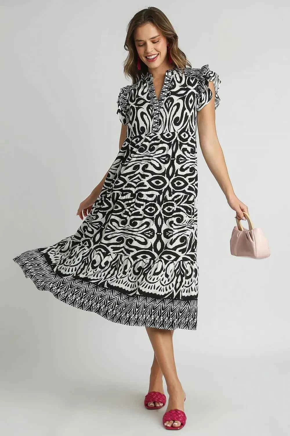 Umgee Full Size Two Tone Border Print Ruffle Cap Sleeve Midi Dress Plus Size dc299e66-eb83-40ce-be49-b3ccc87a7643-Max