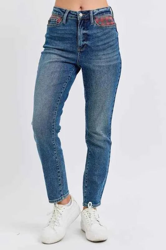 Judy Blue Full Size HW Plaid Patch Slim Fit Jeans Plus Size dc652b6ff7d34bb99cae227fde6dedd1-Max-Origin