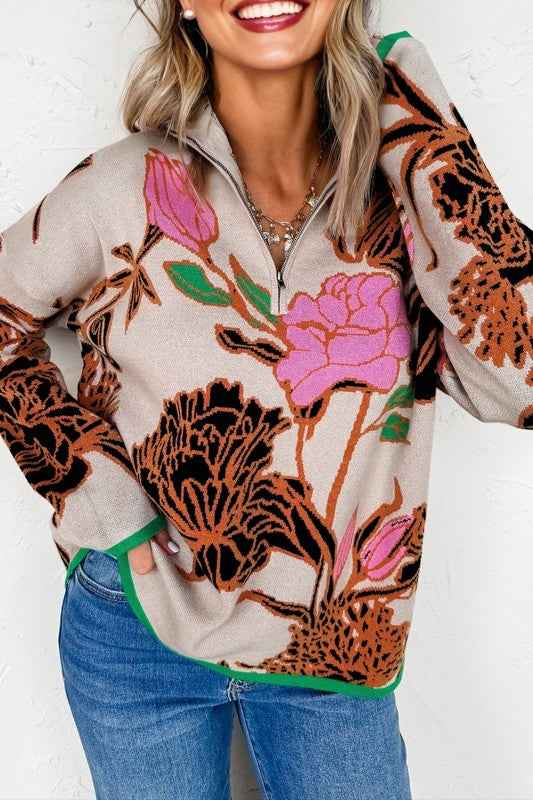 Floral Knit Quarter-Zip Long Sleeve Sweater Khaki dcb2e00c-78e4-4ab4-b3fa-07c907853c7f