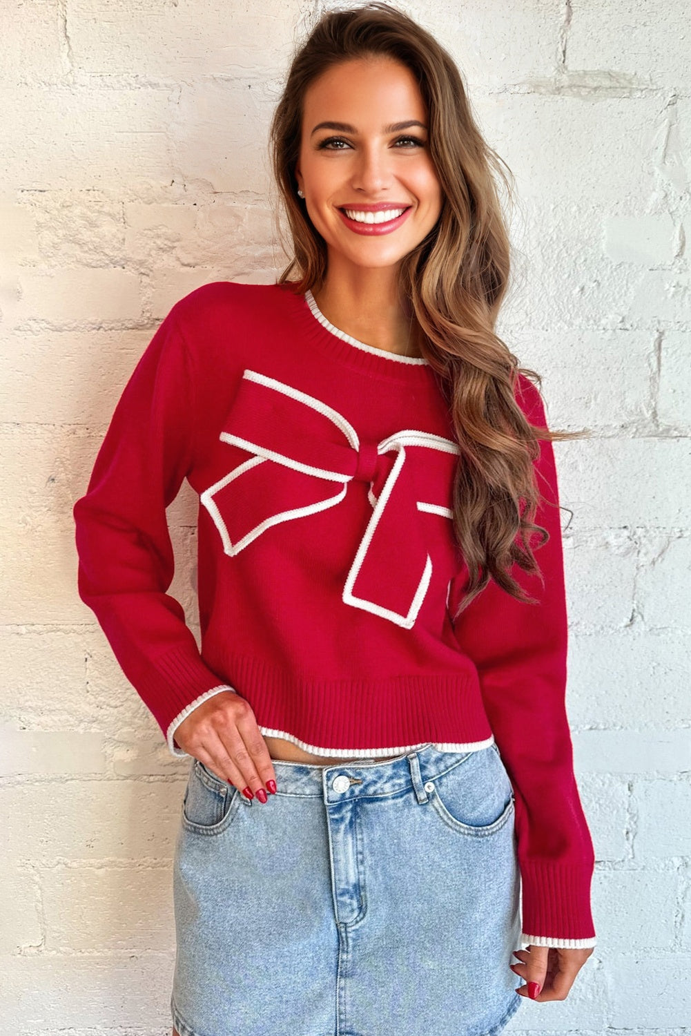 Black Contrast Trim Big Bow Accent Cropped Sweater