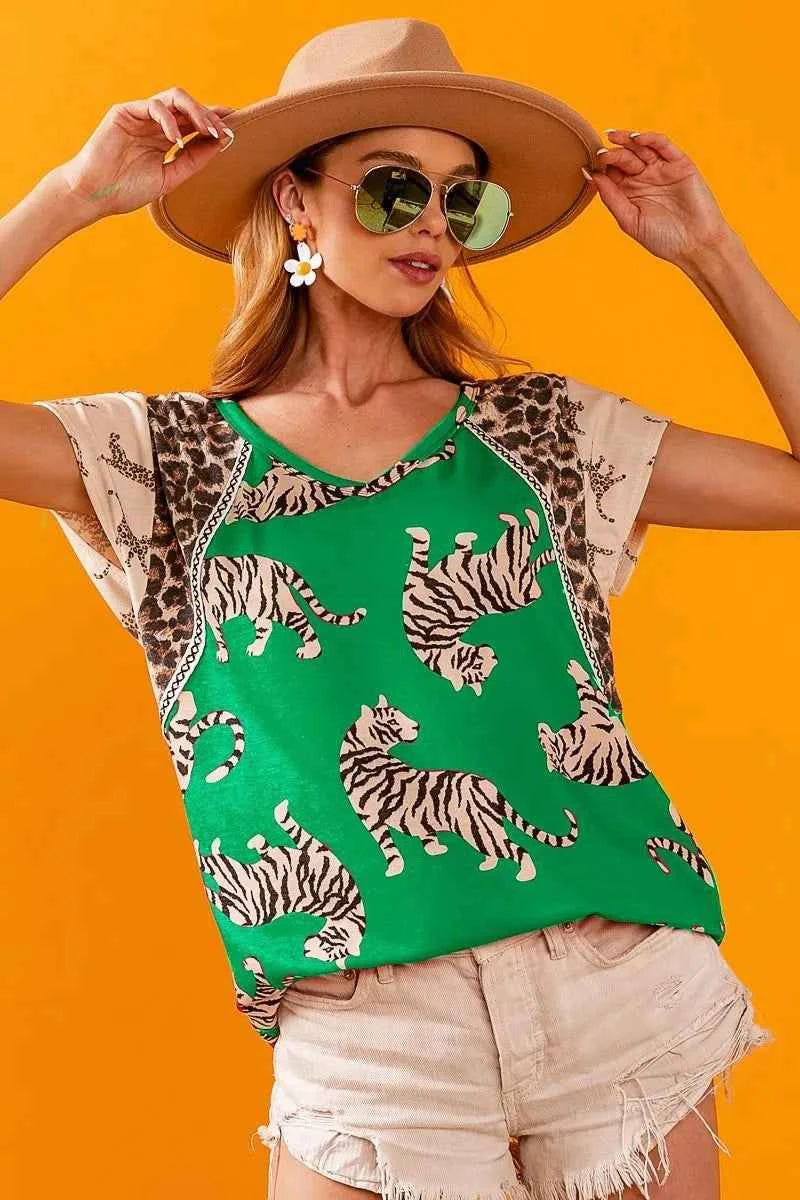 BiBi Tiger Printed Jersey Block T-Shirt with Aztec Trim GREEN dccd763b485148ddb1e4c9eeb599d4ec-Max-Origin