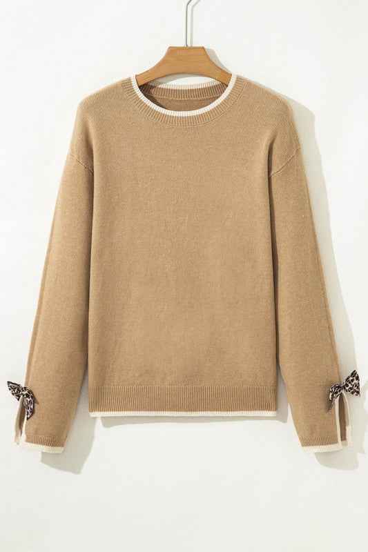 Leopard Bow Split Cuff Contrast Trim Sweater dcd69f70-7409-46ce-b52d-bf79355e082e