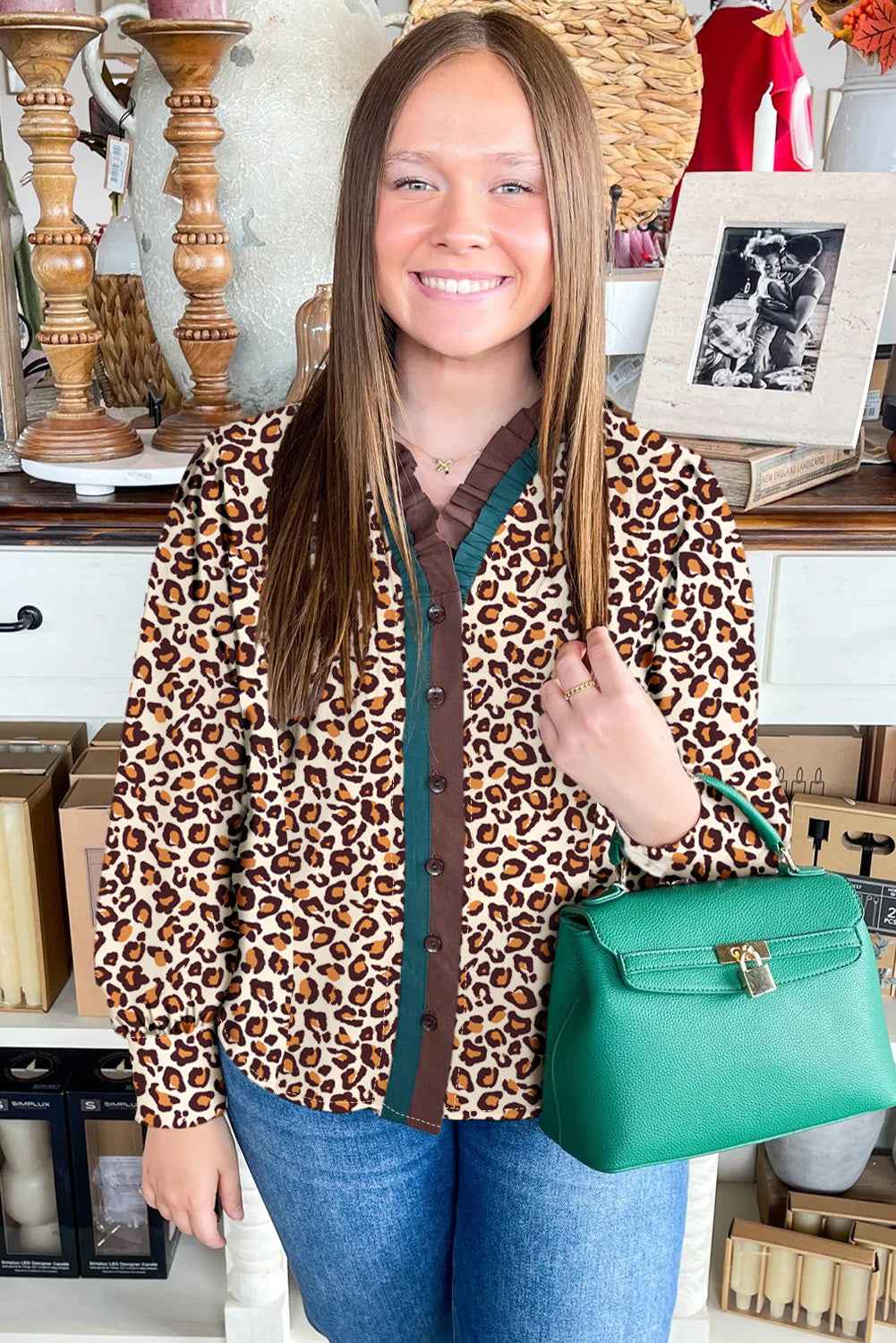Brown Leopard Print Frill Stand Neck Button Long Sleeve Shirt dcfb4a0c1574089c