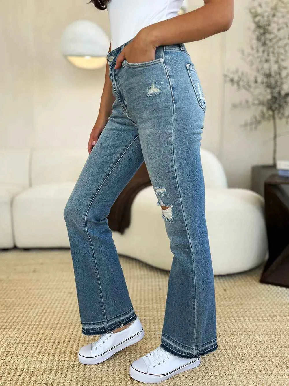 Judy Blue Full Size Mid Rise Destroyed Hem Distressed Jeans dd14e533-8d84-44da-8ae2-a10564220491-Max