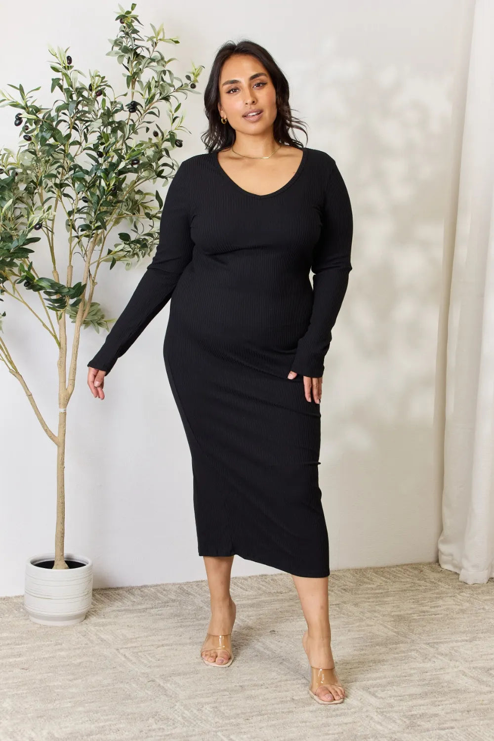 Culture Code Full Size Ribbed Long Sleeve Midi Slit Dress dd3f3c15366a44a8b9ef398a2ac822fe-Max