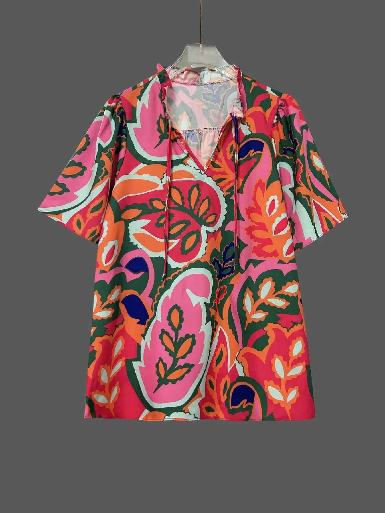 Printed Tie Neck Short Sleeve Blouse Strawberry dd7066f5c96c40b0ab0b7b787a8a4f57-Max-Origin