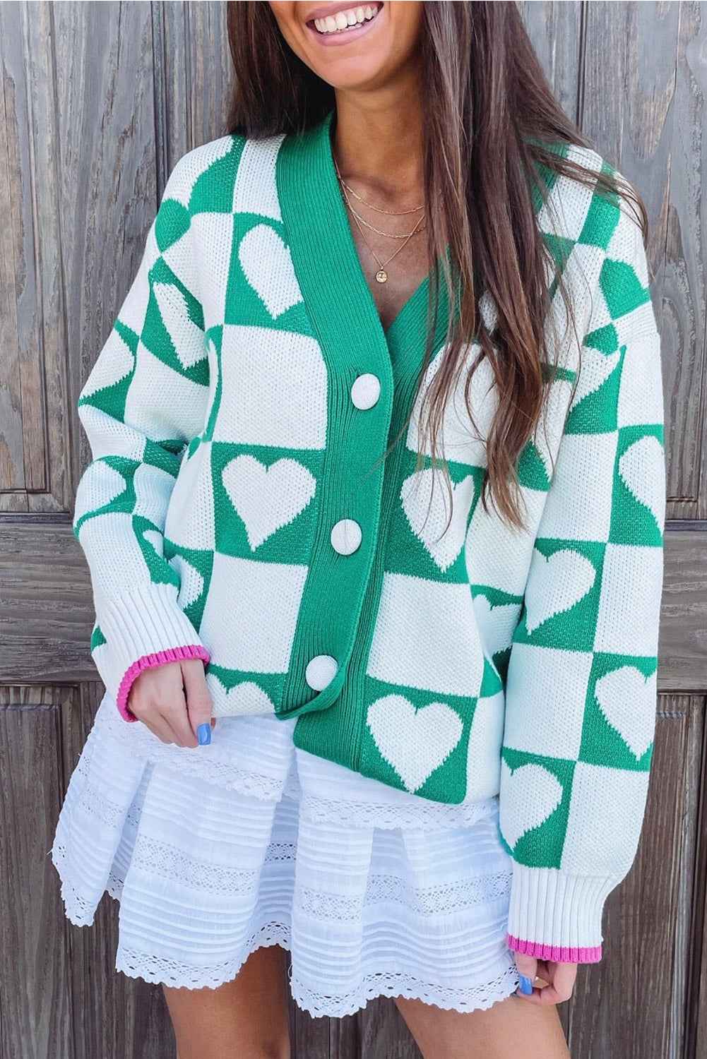 Sea Green Plaid Heart Knit V Neck Button Down Sweater Cardigan Sea Green 52%Viscose+26%Polyester+22%Polyamide ddbcece731efb45c