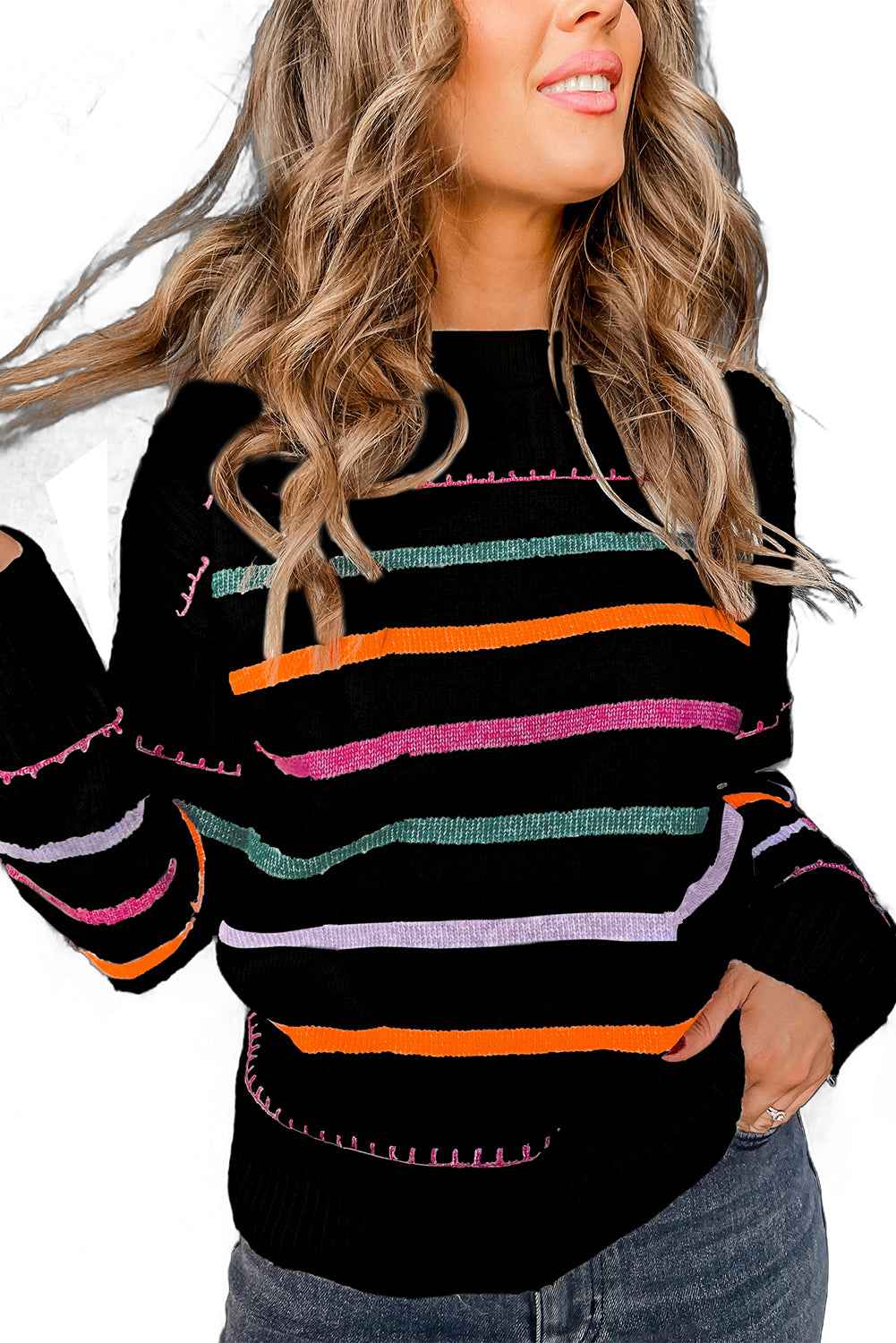 Black Colorful Striped Ribbed Trim Round Neck Sweater dded239514b10972