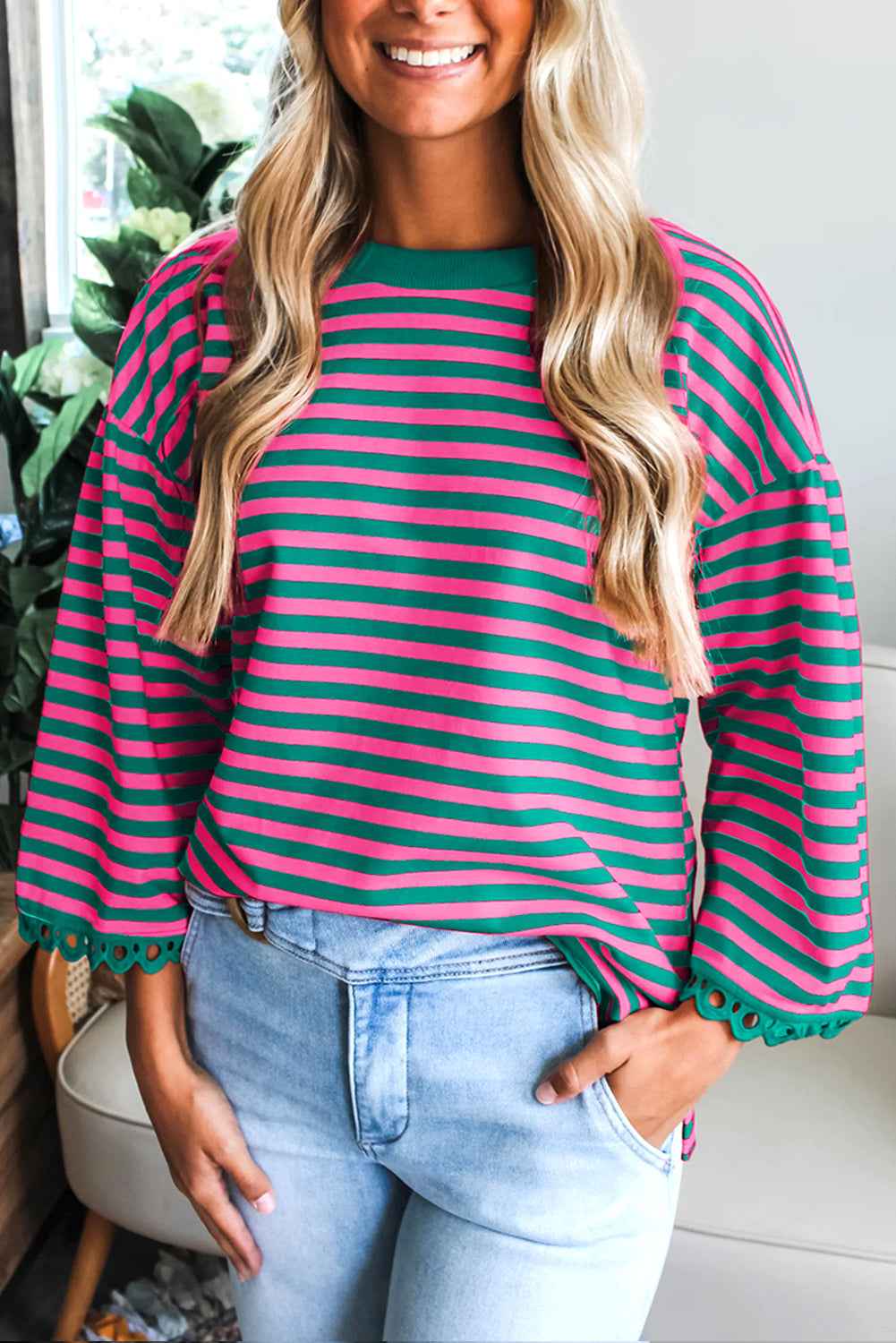 Sachet Pink Striped Round Neck Contrast Trim Bell Sleeve Top Sachet Pink 95%Cotton+5%Elastane de027343c1327dd7