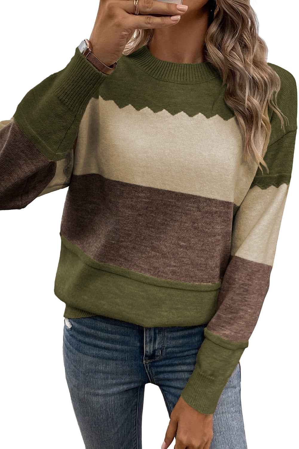 Black Colorblock Crew Neck Drop Shoulder Sweater de78248cb5794dc5