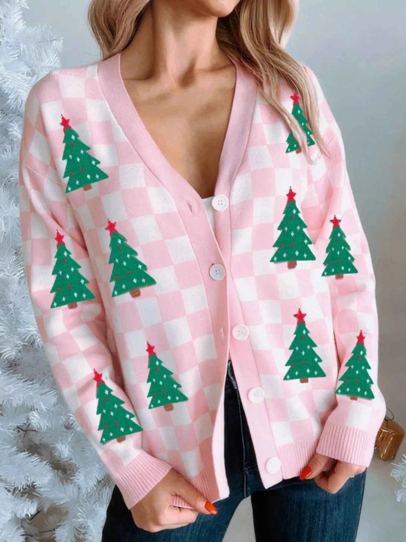 Christmas Tree Pattern Checkered Button V Neck Cardigan de915103-fb52-49f4-8cfa-43ed3e46b1f9-Max-Origin