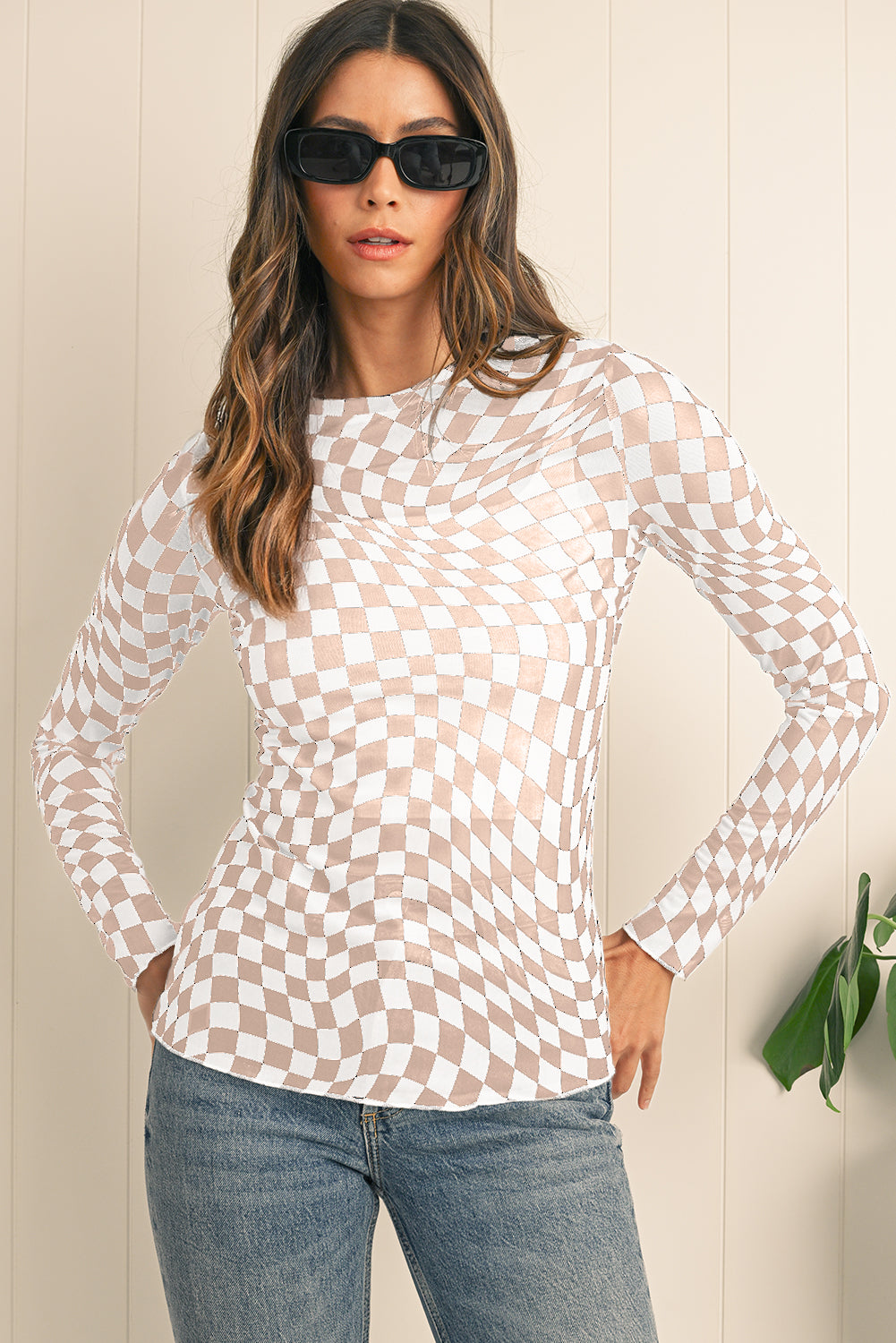 Black Checkered Pattern Mesh Long Sleeve Top df39036433514e96