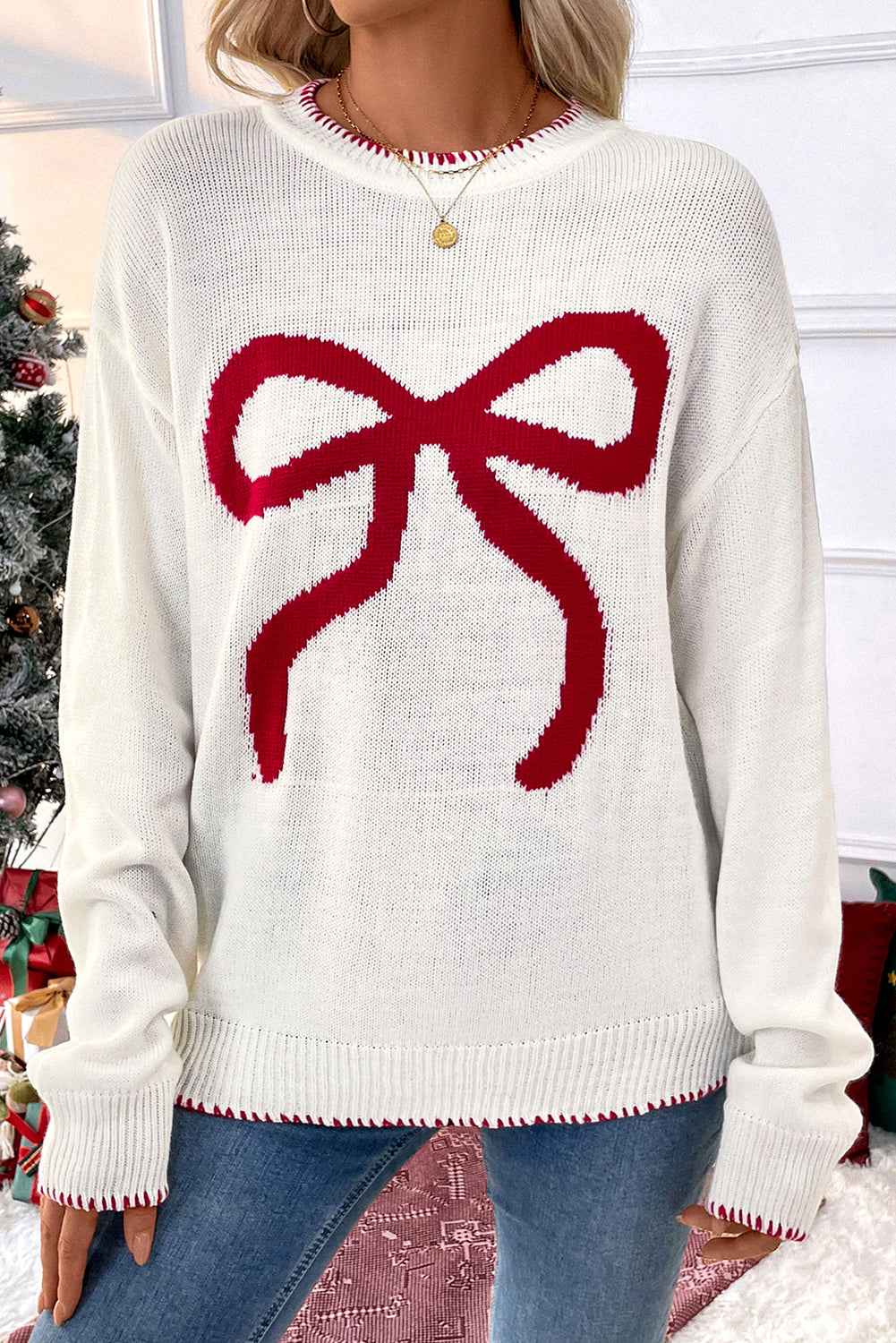 White Sweet Bow Long Sleeve Knit Sweater df4ee661dfddce47