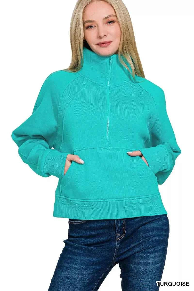 Zenana Fleece Half Zip Kangaroo Pocket Sweatshirts dfe9463d01324cd28e6370f88d565fda-Max-Origin