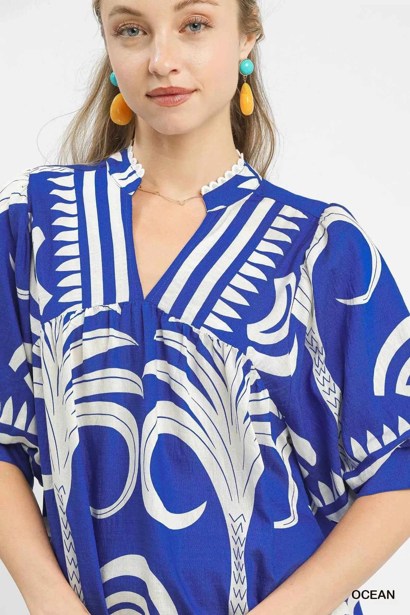 Umgee Folk Art Palm Print Puff Sleeve Blouse