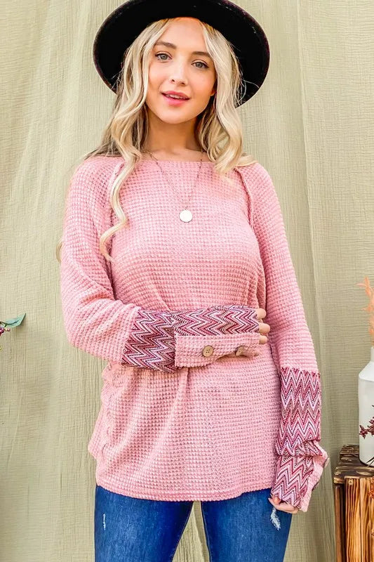 And The Why Button Detail Printed Sleeve Waffle Knit Top dff2a310929b4da2870c25e347fd717c-Max-Origin