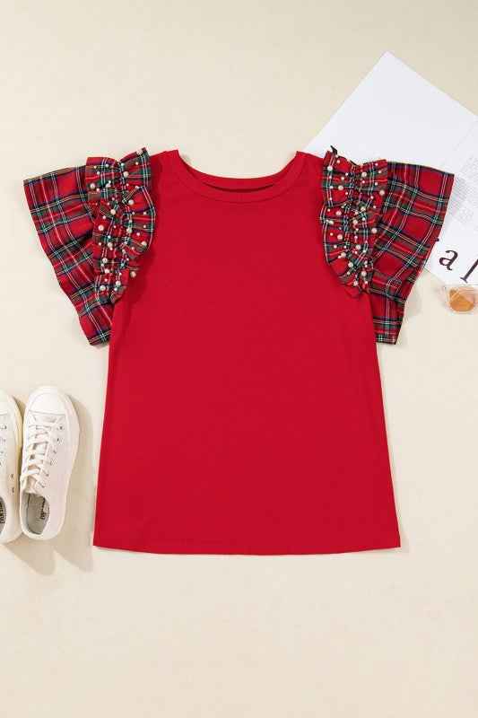 Plus Size Christmas Plaid Pearl Ruffle Sleeve Holi e01e6a1f-5883-490e-a75d-d0e7455a6214