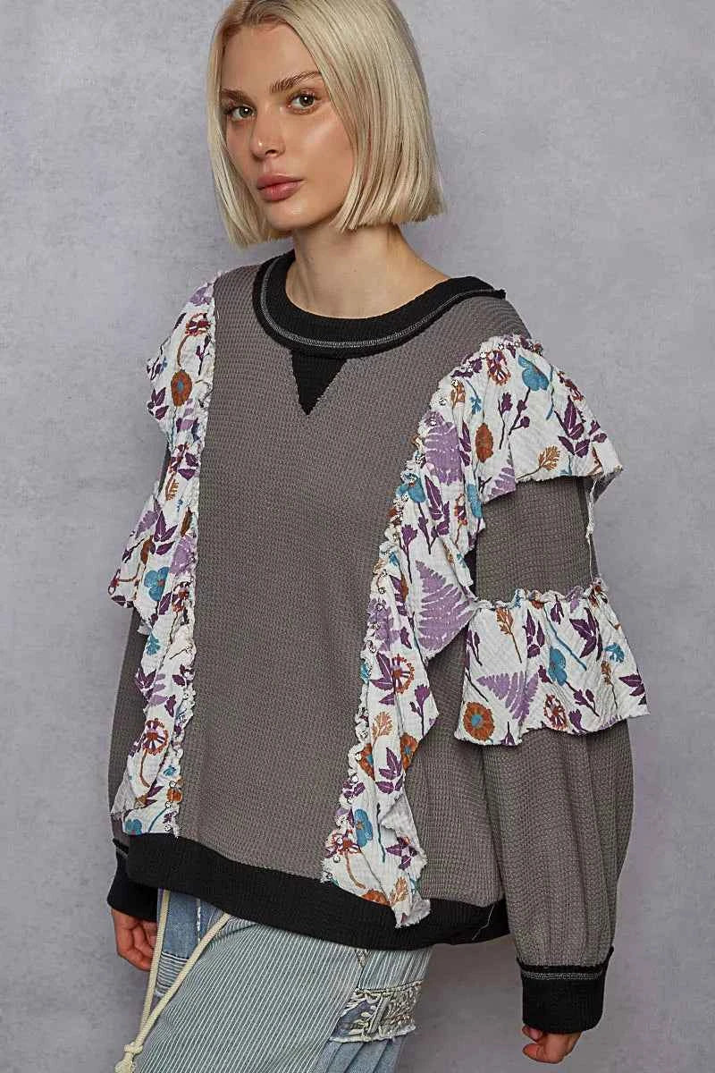 POL Round Neck Sweater with Floral Ruffle Detail