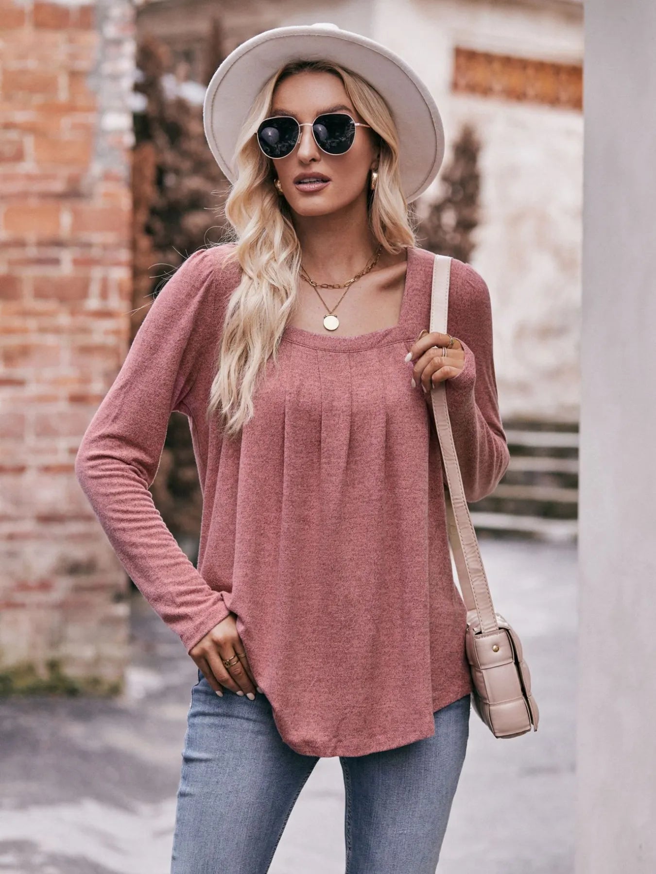 Square Neck Long Sleeve T-Shirt Dusty Pink e0514750-f897-430c-8614-6673a8d88eaa-Max-Origin