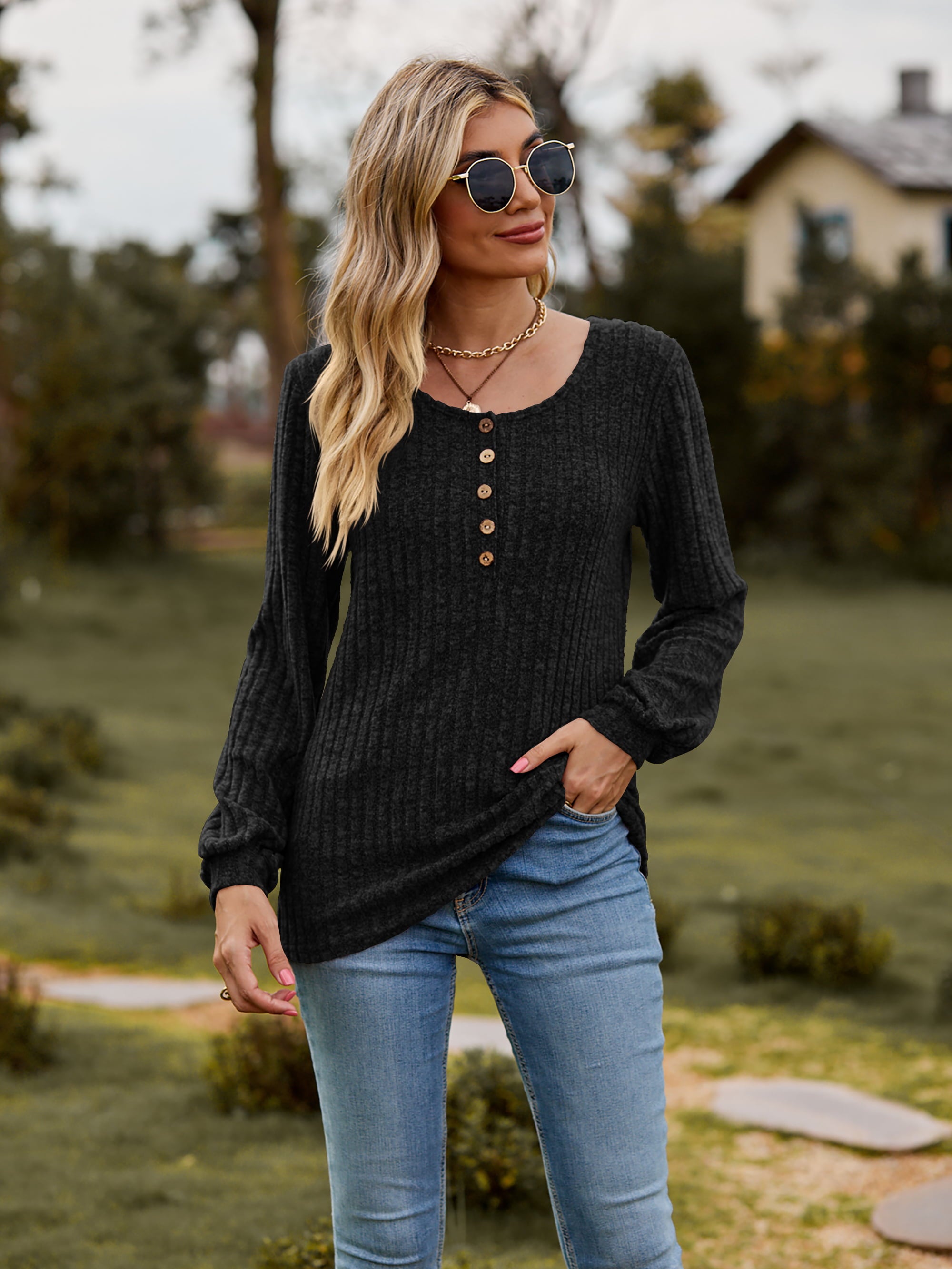 Round Neck Button-Down Long Sleeve Tee Black e05cfc59df7140bf9c41ce23896967f7-Max