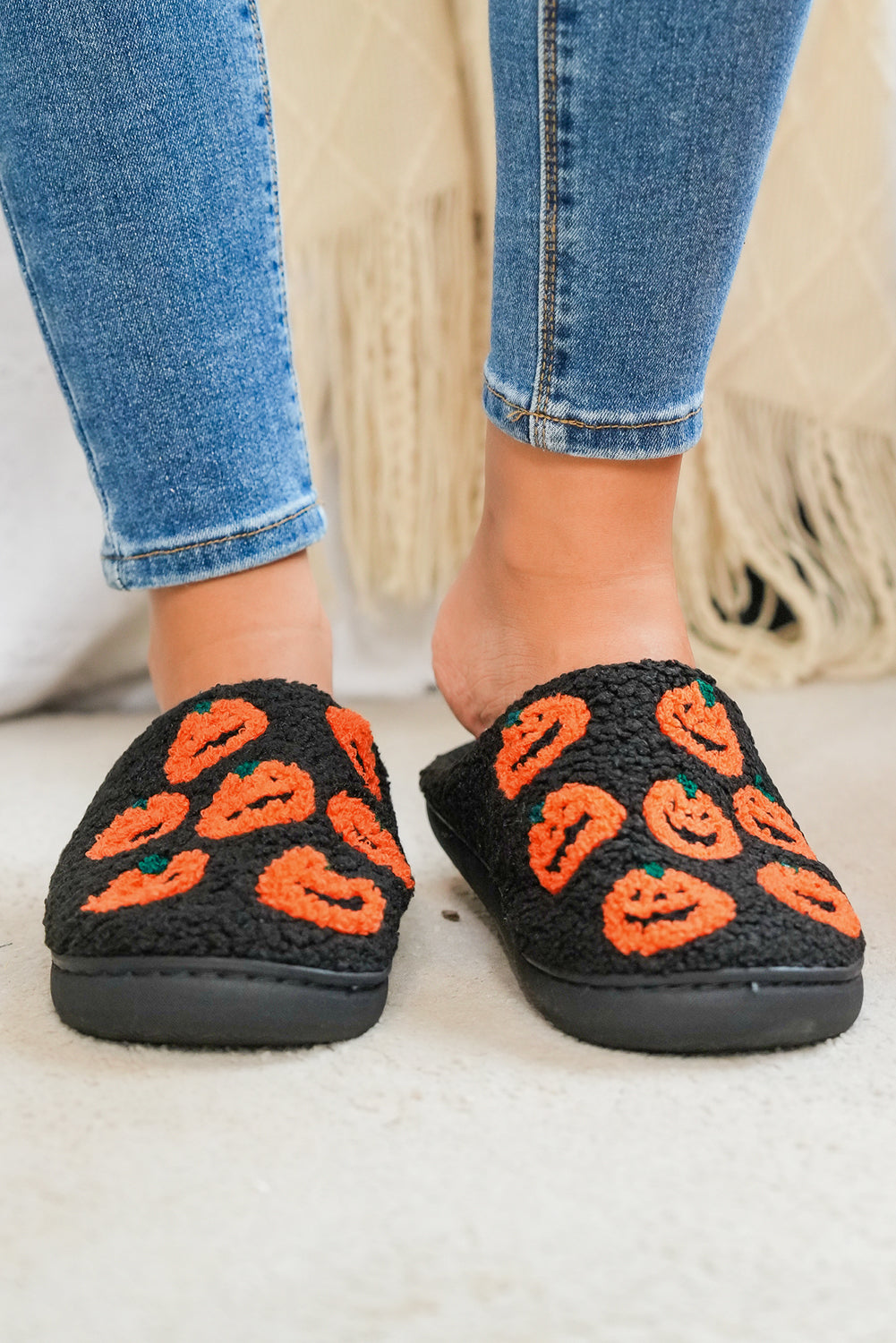 Black Halloween Pumpkin Plush Home Slippers e09895271c6ae26c