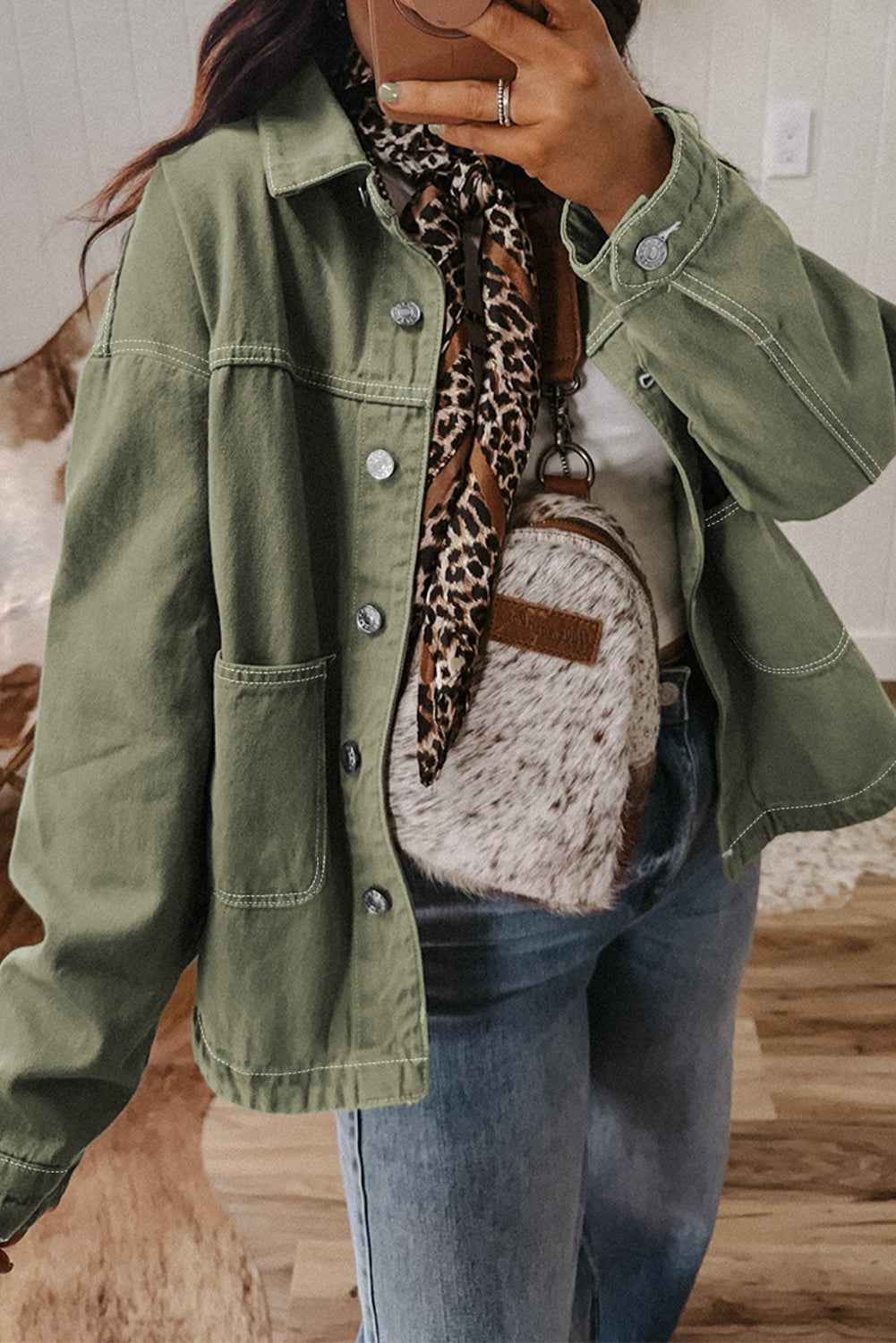 Smoke Green Pocket Collared Button Front Denim Jacket Smoke Green 100%Cotton e099288d9c99f377