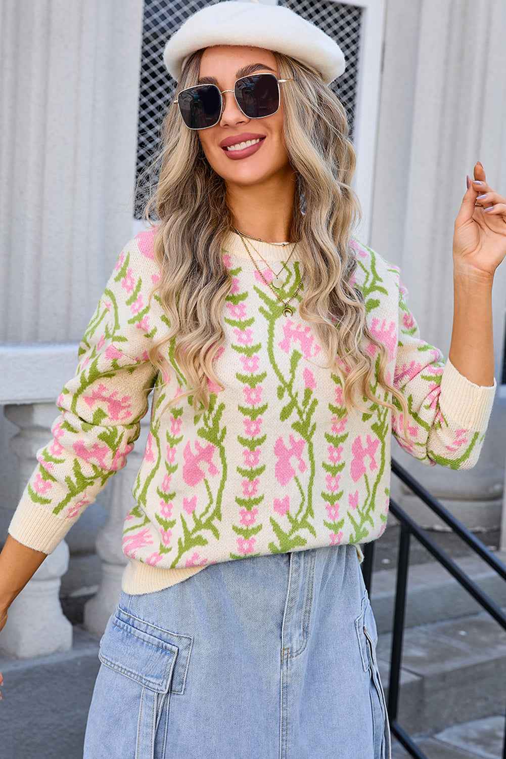 Beige Boho Floral Print Round Neck Sweater e0ac67863b70aeaf