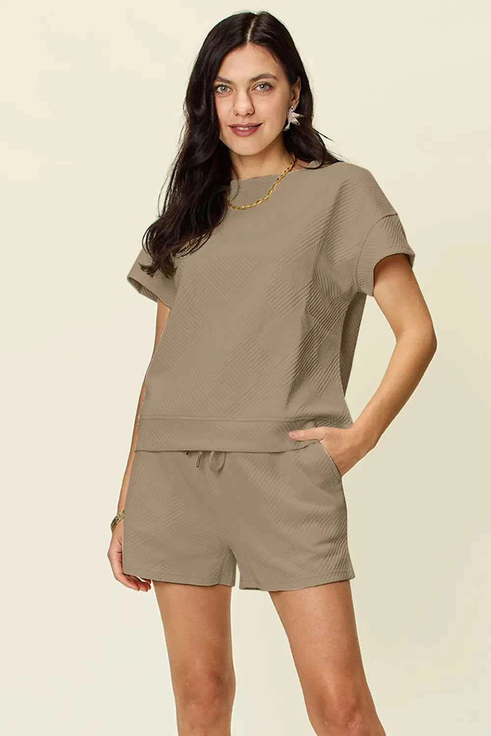 Double Take Full Size Texture Short Sleeve T-Shirt and Drawstring Shorts Set Mocha e0b35fa4-af6c-4371-9d77-fcaafb7dc53a-Max