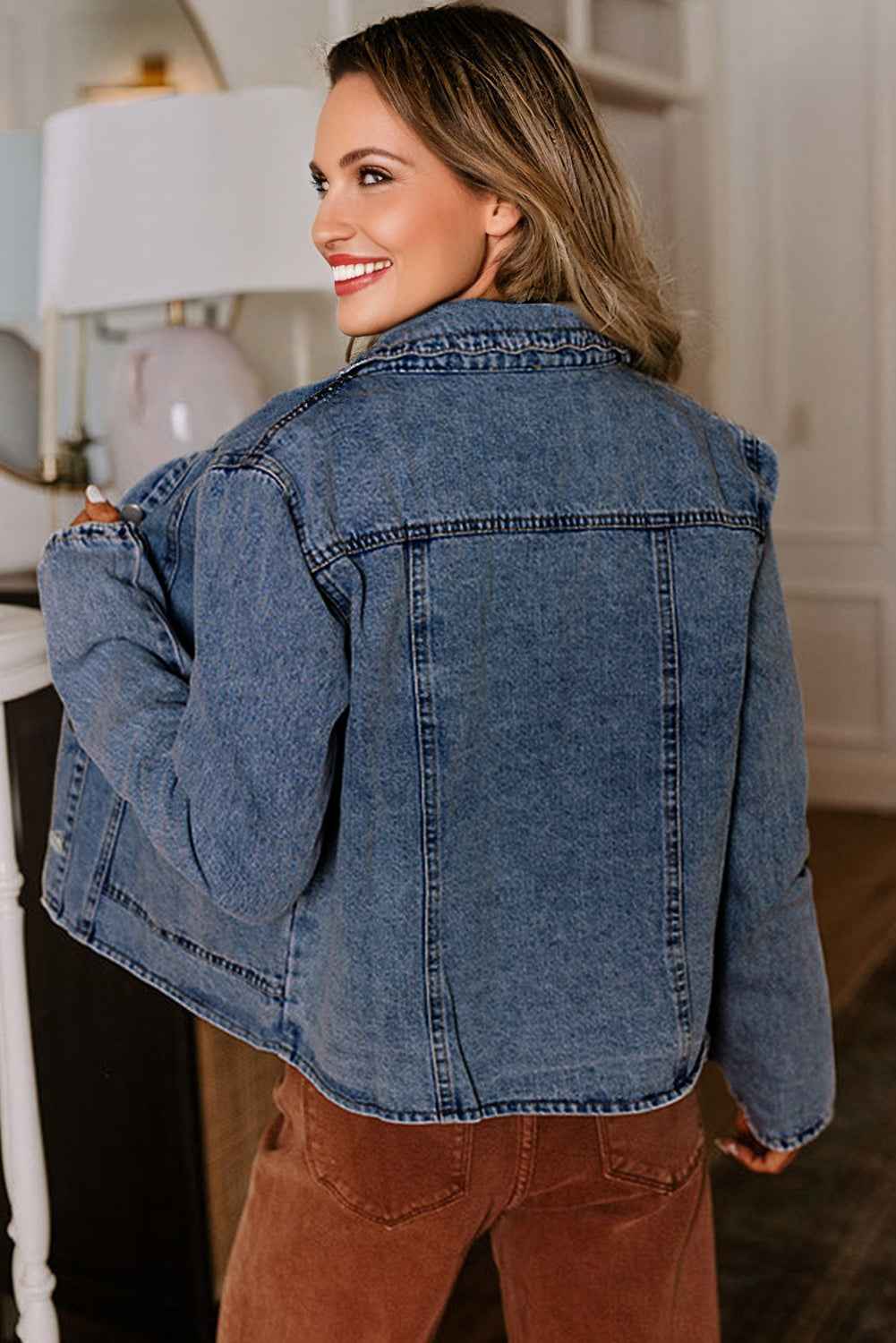 Myosotis Scallop Trim Collar Pocket Button Up Denim Jacket e0d786a562bb77cc