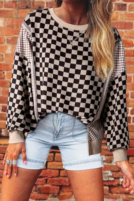 Checker Patchwork Long Sleeve Top Khaki e11305e7-306b-49b2-a9a4-f45c9d69e3b0